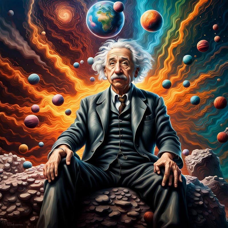 Albert Einstein sitting on top of the world, artist impression