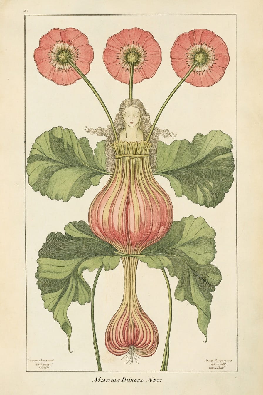 Medieval illustration of a humanoid mandrake root, goddess figure with long flowing hair, standing upright with arms crossed modestly, emerging from two large green leaves. Three poppy-like seed pods with pink-red petals on stalks, one above the figure's head and two flanking the sides. Simple line drawing style with minimal coloring in tan, green, and pink on aged parchment background, characteristic of medieval herbal manuscripts. --ar 2:3 --profile schkhhl --v 6.1 Medieval illustration of a humanoid mandrake root, goddess figure with long flowing hair, standing upright with arms crossed modestly, emerging from two large green leaves. Three poppy-like seed pods with pink-red petals on stalks, one above the figure's head and two flanking the sides. Simple line drawing style with minimal coloring in tan, green, and pink on aged parchment background, characteristic of medieval herbal manuscripts. --ar 2:3 --profile schkhhl --v 6.1
