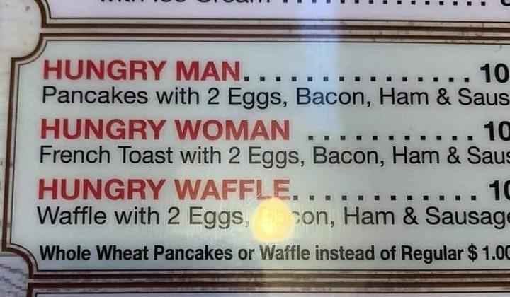 a breakfast menu reading "hungry man", "hungry woman" and "hungry waffle"