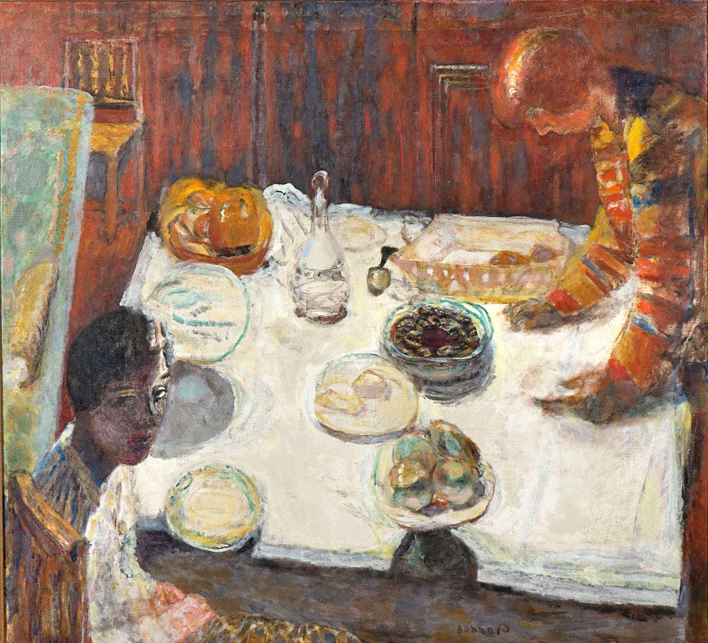 A painting in a late impressionist style of two figures at a table covered in a white tableclot. It’s set with various dishes, and a figure on the right right standing over the food, possibly serving some onto a plate; a second figure sits in the lower left corner, face turned toward the viewer, her in shadow. The dominant colors surrounding the eponymous white tablecloth are orange, blue, gold, and seafoam green, which make for satisfying contrasts