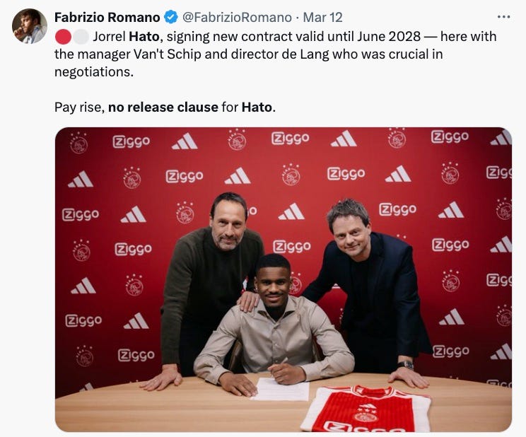 A Fabrizio Romano tweet from March about Jorrel Hato signing a new Ajax contract