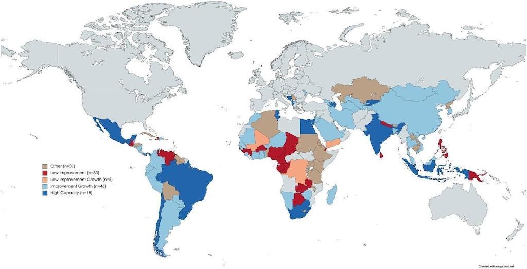 Map showing how the greenhouse gas inventory capacity index in developing countries has changed over time.