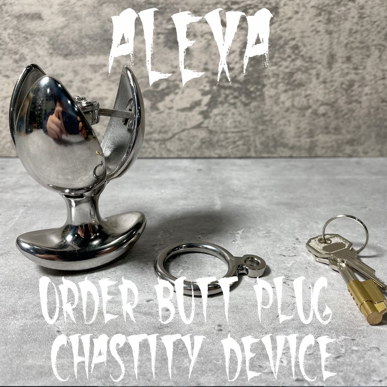 Alexa, order butt plug chastity device -- with an image of a butt plug that expands in the asshole and a key that powers it