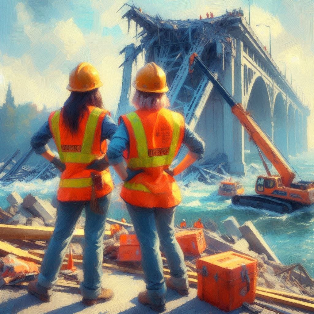 Two female construction workers wearing orange vests and hard hats watch a bridge collapse in the distance. Impressionist-style.