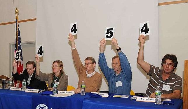 Picture shows four white men and one white woman sitting behind a formal table with name cards and bottled water, holding up score cards. The scores are 5s and 4s. These are apparently judges in an unknown context. They look disappointed.