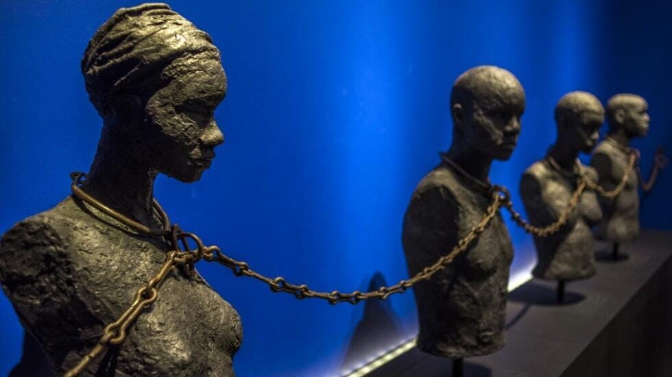 A sculpture entitled 'Slave Chain with Four Yokes' from the Dexue voodoo convent in Adounko, Benin, dating from the 19th century.