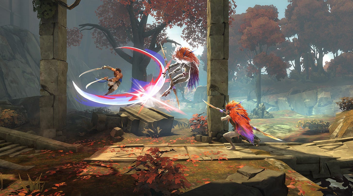 Video game screenshot of a character with two swords swinging them at an airborne enmy