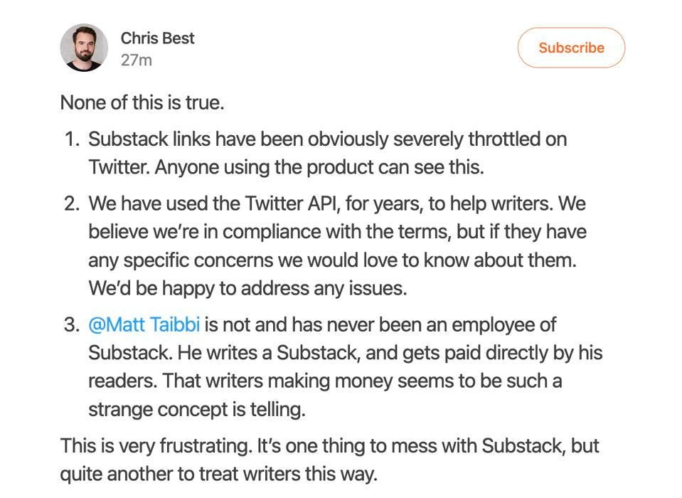 The message posted to Substack Notes by co-founder Chris Best on Saturday.