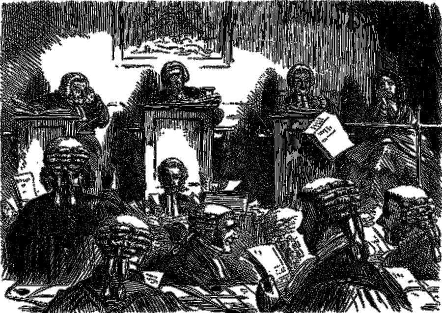 cartoon of a courtroom and judge