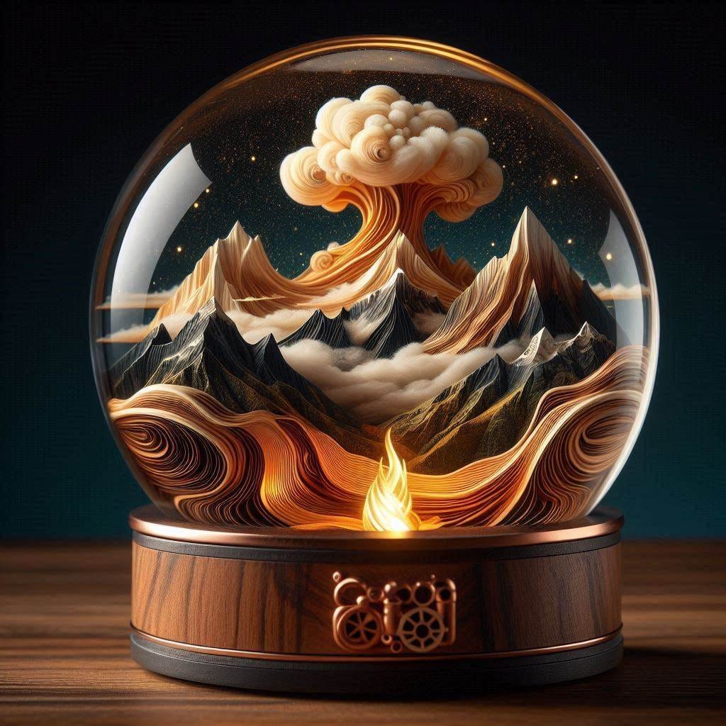 5d angle in GLASS dome with with a small fire in it over image of  Birchwood and rosewood "Wheel of Fortune"//water in resin/ soft, beautiful/honey-wood and copper/ Marquetry, copper verdigris. mountain/ fluffy cloud floating low in foreground / honey-gold-swirl/surrounded by copper pipes/verdigris.REFLECTED/ Inspired by style of Jeffrey Catherine Jones /backdrop of swirling clouds under moon.black starry sky 