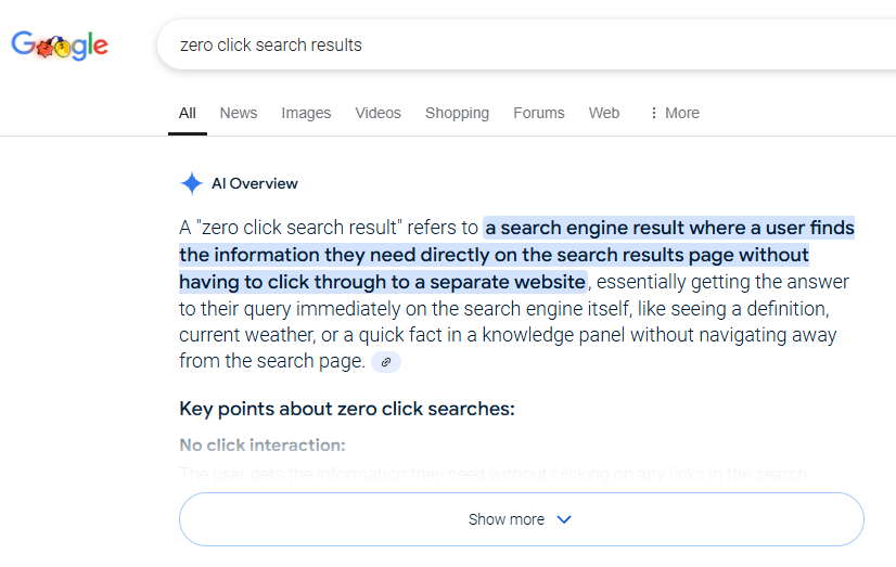 A screenshot of a Google AI Overview response about zero-click content. 