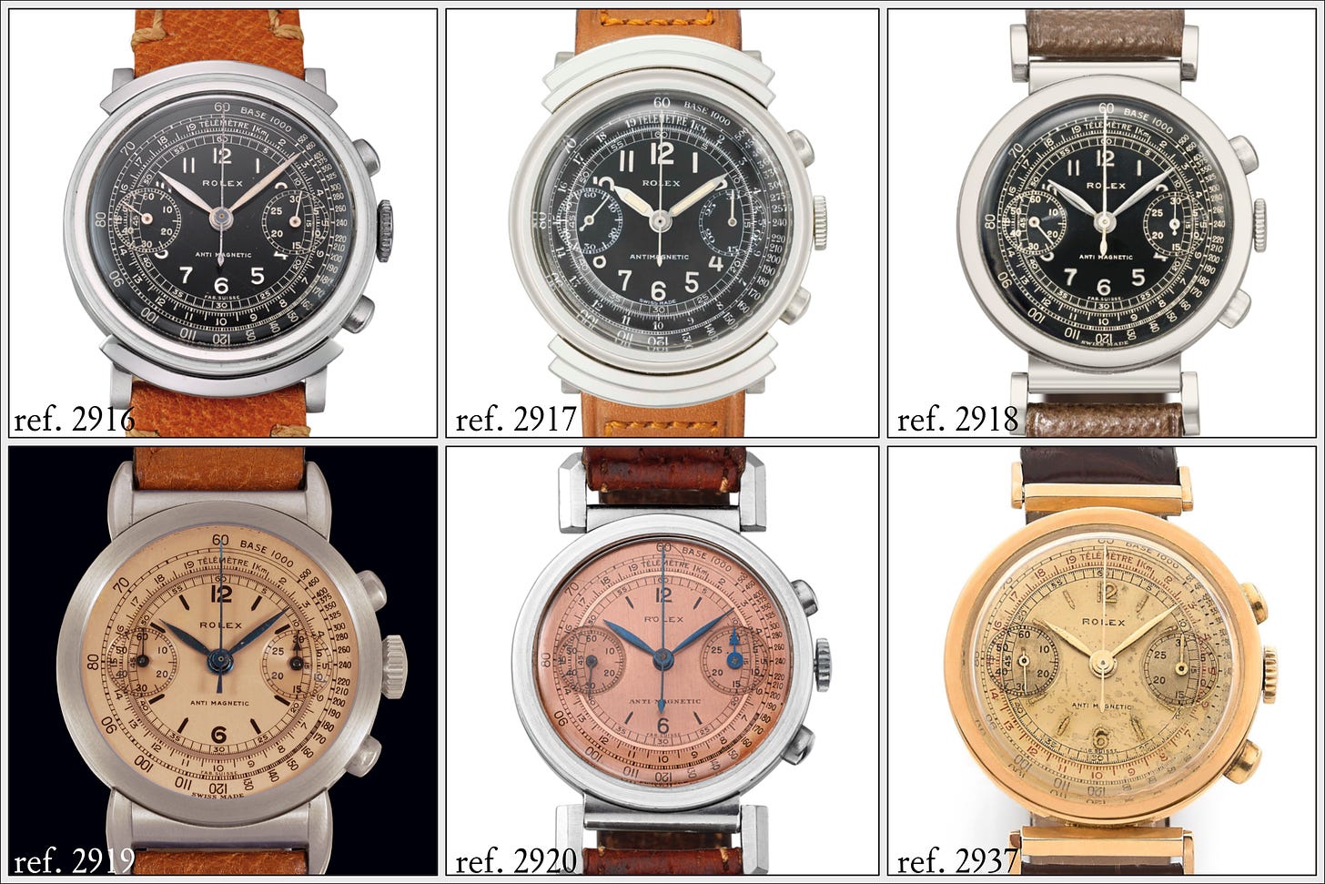 All six experimental Rolex chronograph references from 1937 - refs. 2916, 2917, 2918, 2919, 2920, 2937