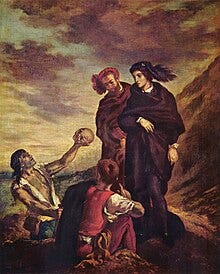 A painting by Eugene Delacroix showing a man in black looking up at a beggar holding a skull. 