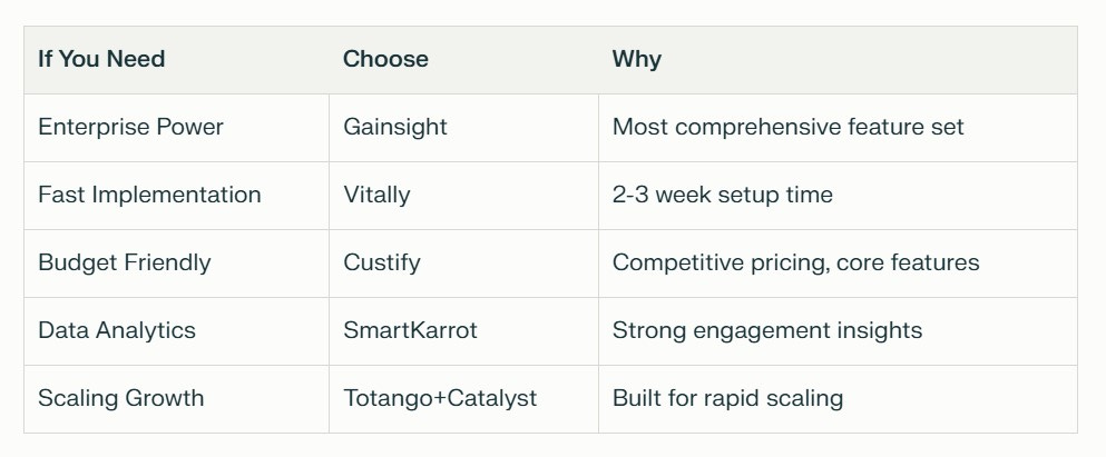 Decision framework table comparing customer success platforms based on business needs, showing Gainsight for enterprise power, Vitally for fast implementation, and other top choices