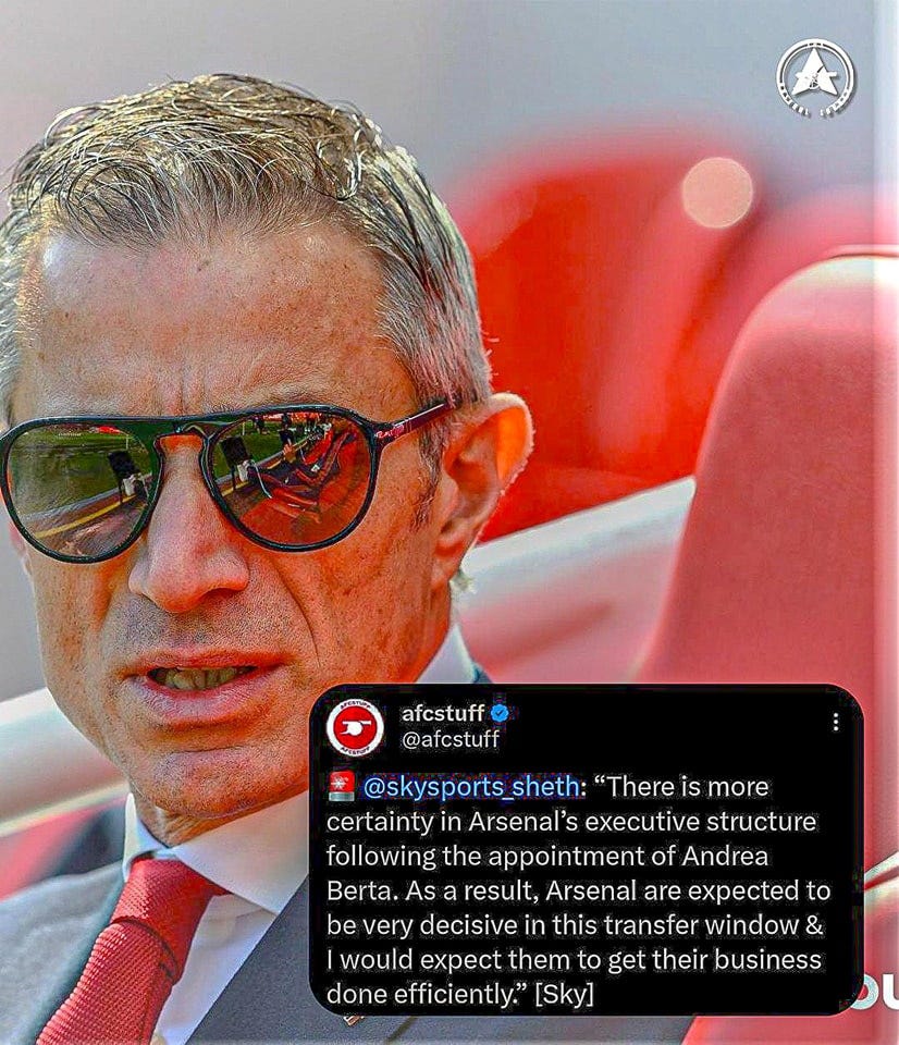 May be an image of 1 person and text that says 'afcstuff @afcstuff @skysports_sheth: "There is more certainty in Arsenal's executive structure following the appointment of Andrea Berta. As a result, Arsenal are expected to be very decisive in this transfer window would expect them to get their business done efficiently." [Sky]'