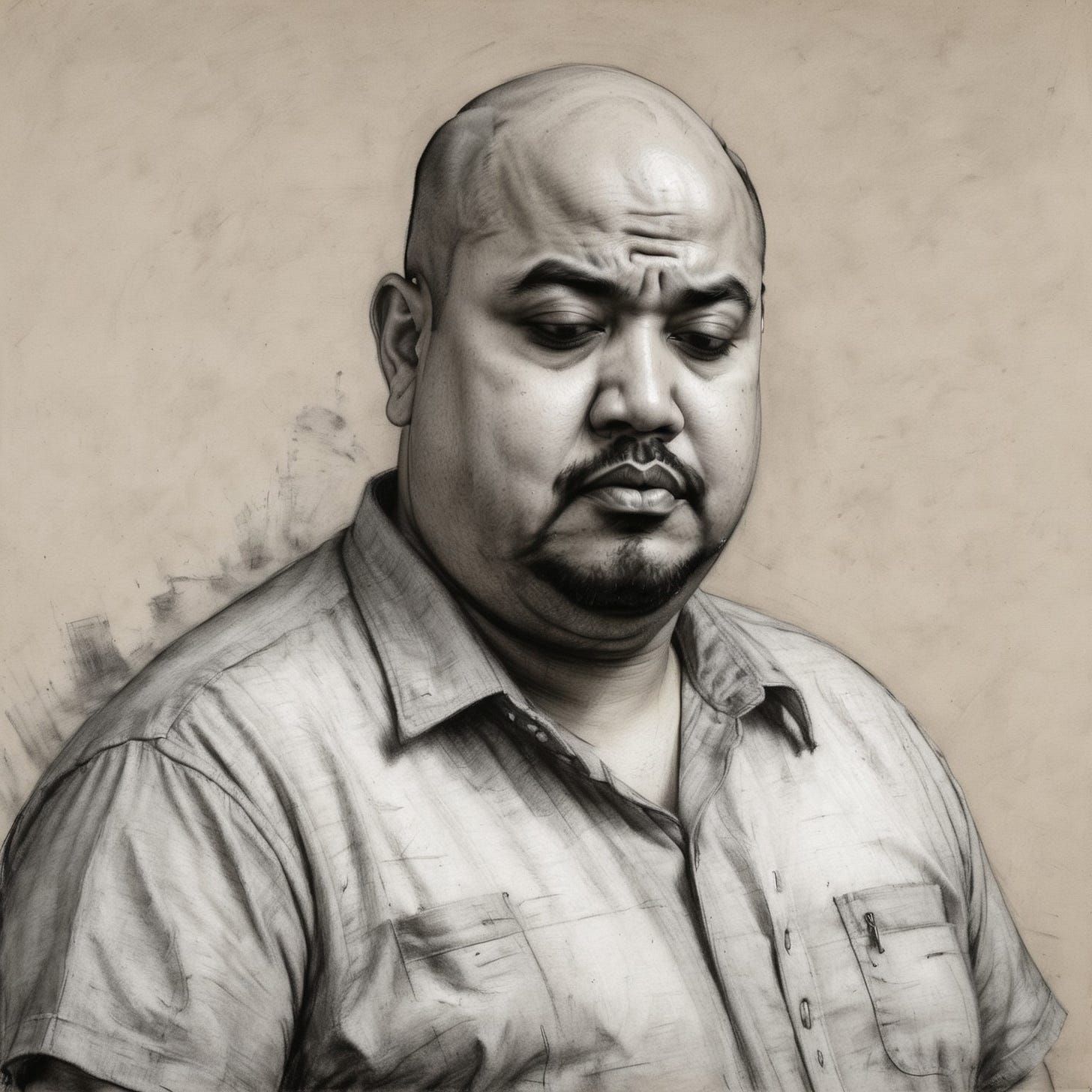 A charcoal portrait drawing of an overweight bald latino man, wearing a shirt, thoughtful expression, against a faded background