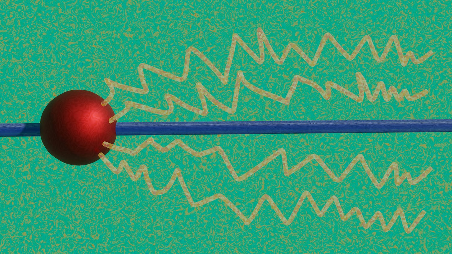 A shiny red sphere with a long blue cylinder going through it. There are lines shown to indicate that the sphere is moving.