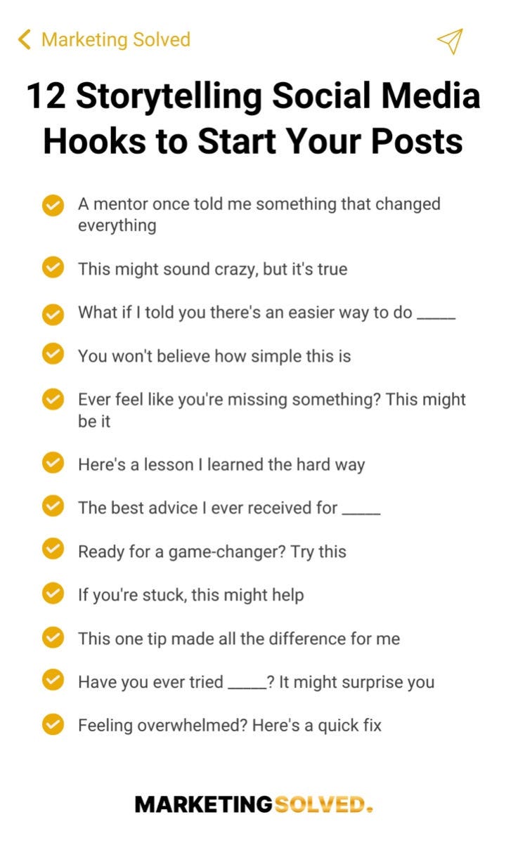 12 Storytelling Hook Ideas for Social Media. Image via Marketing Solved. 12 Storytelling Hook Ideas for Social Media. Image via Marketing Solved.