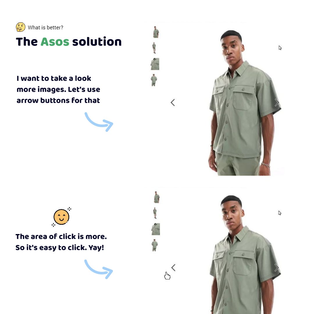 The Asos app. I wanna see the photos of the t-shirt. They are switched using the Back and Next buttons. I need to press the Back button. My cursor is next to it. I click. Wow. I see another photo