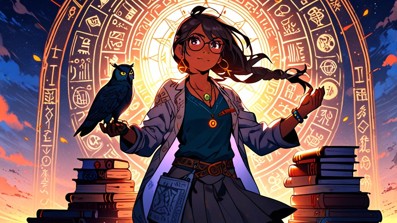 ilustración estilo manga de una sabia rodeada de libros acompañada de un buho