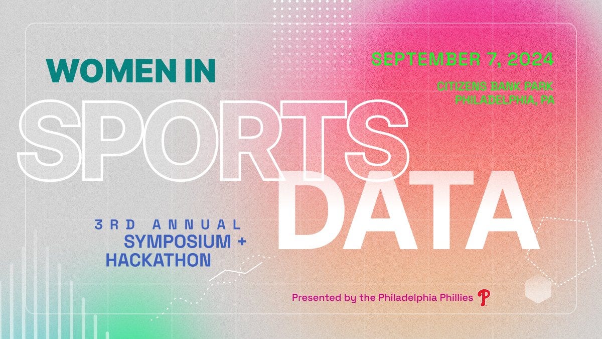 Graphic banner for announcing the 3rd Annual Women in Sports Data Symposium and Hackathon, presented by the Philadelphia Phillies, taking place at Citizens Bank Park in Philadelphia on September 7. The graphic has a pink and green gradient theme with data visualization decorative elements.