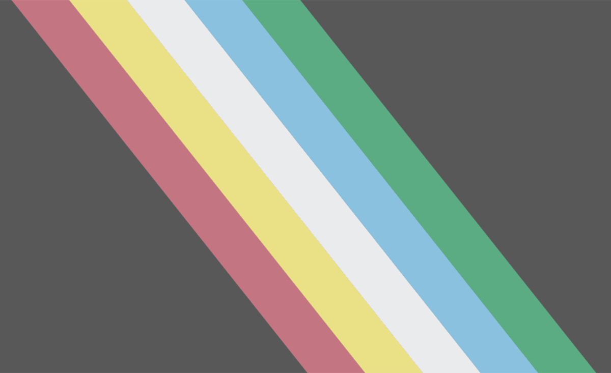 Disability Pride Flag. Green, blue, white, yellow, and red diagnoal bars shooting down a black background.