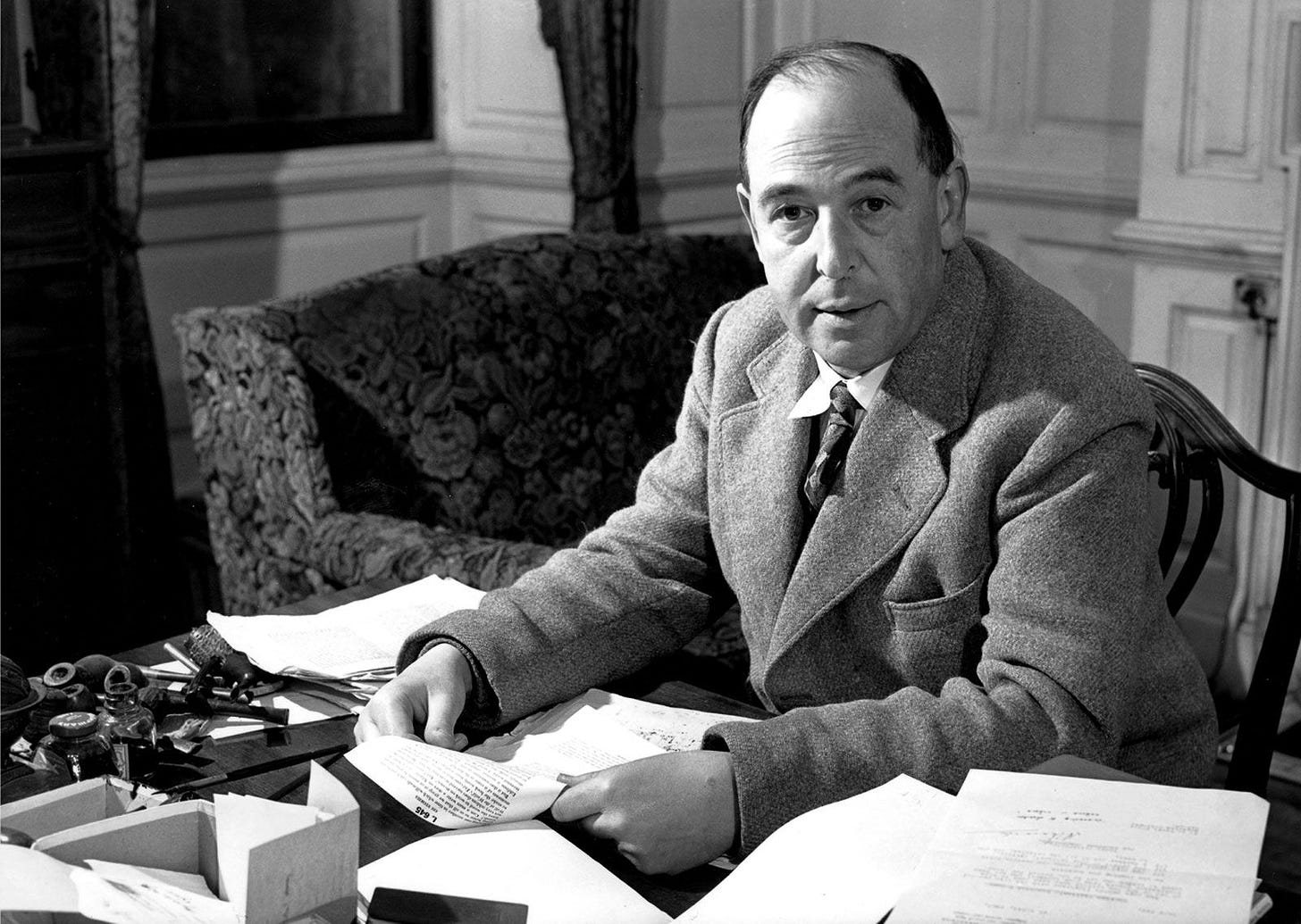 C.S. Lewis looks at the camera