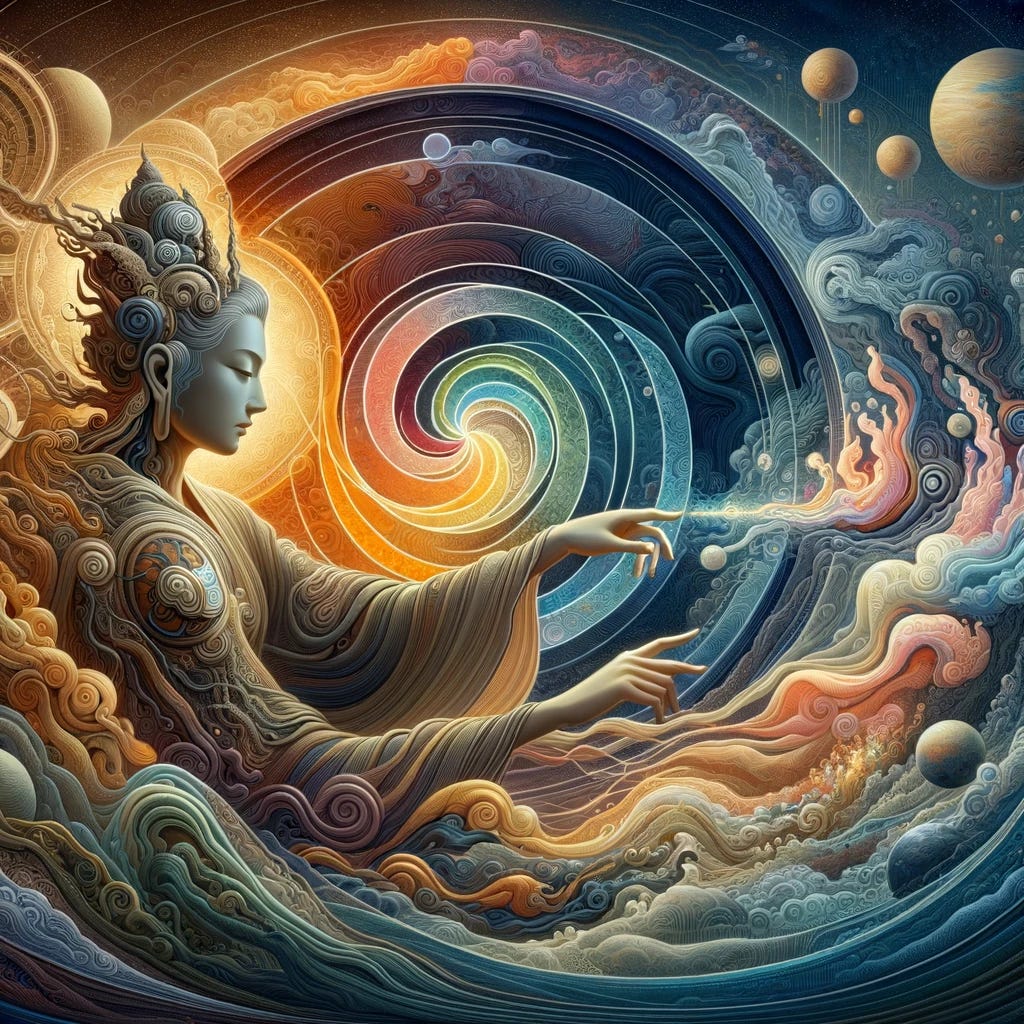 Illustration that visualizes the core message of the Heart Sutra through abstract imagery. In the foreground, a female Bodhisattva figure, representing compassion and wisdom, is reaching out to touch a void, within which the essence of 'form is emptiness, emptiness is form' is depicted as an intricate mandala. The background shows a harmony of the elements, earth, water, fire, air, and space, intertwining and dissolving into one another, signifying the interconnectedness of all things and the concept of emptiness as taught in the sutra.