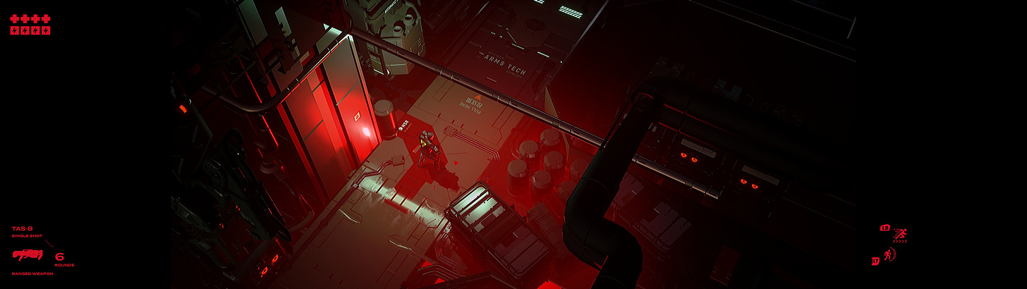 A location in the game, featuring the trademark for cyberpunk games characteristic red hue