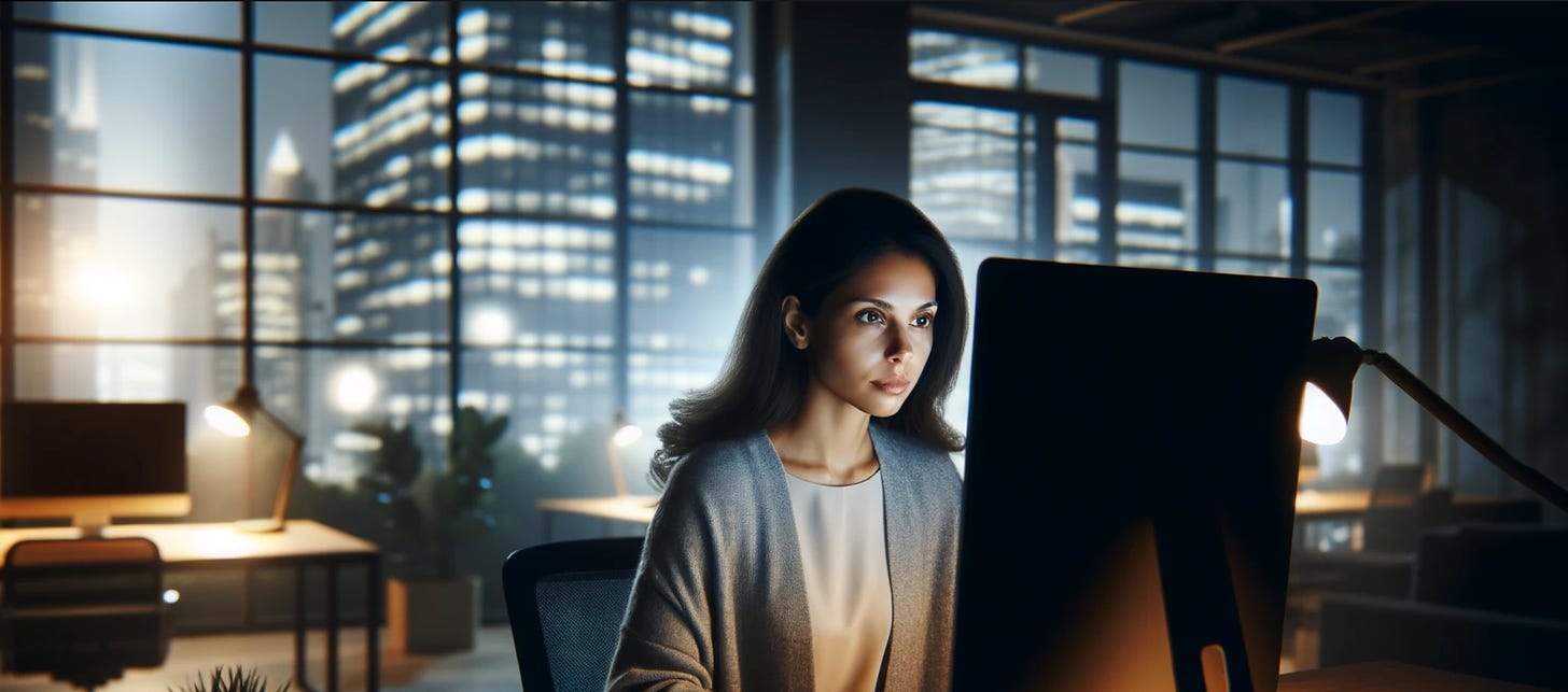 A woman sitting in front of a computer in an office