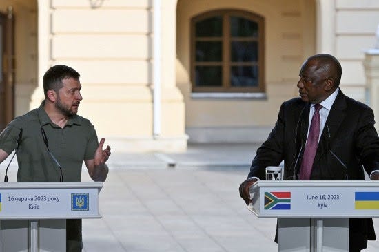 Ukrainian President Volodymyr Zelensky looks at South African President Cyril Ramaphosa.