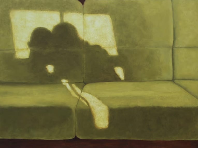 A painting called “A Moment Together 1“ by Jess Allen, which shows the silhouettes of two people cast onto a dark yellow sofa.