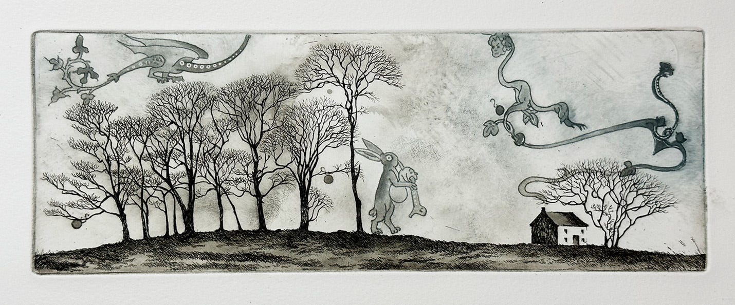 Etching print of a very small house surrounded by very tall winter trees— and medieval marginalia added around in the sky