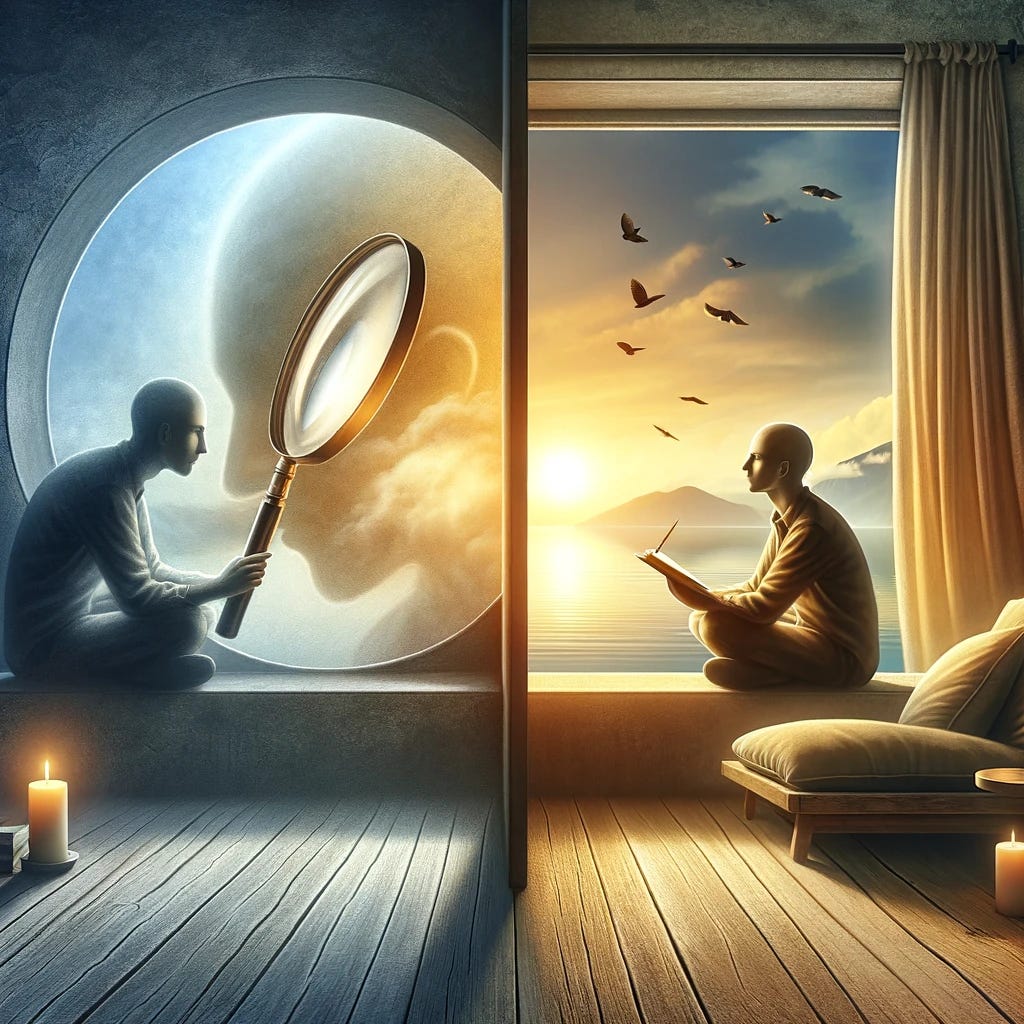 A serene and thought-provoking image depicting the concept of contemplation versus looking. The scene shows two contrasting sides: one side features a person with a magnifying glass, intently scrutinizing a detailed object, symbolizing the act of looking with intention and focus. The other side shows a different person in a relaxed, open posture, sitting by a wide window with a panoramic view of a tranquil landscape, embodying the essence of contemplation, openness, and receptivity to the environment. The image conveys a sense of calmness, depth, and the contrast between active searching and passive observing.