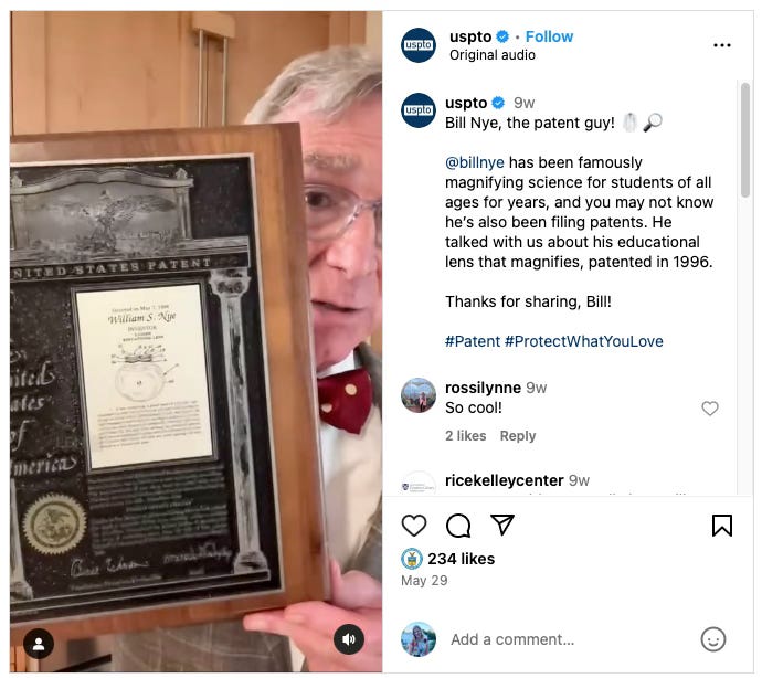 Bill Nye with a plaque that says "United States patent awarded to William S. Nye"