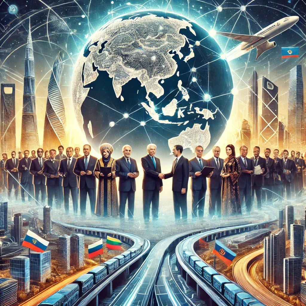A symbolic and visionary illustration of Eurasian economic and geopolitical cooperation. The image features a dynamic map of Eurasia, highlighting key trade routes and infrastructure projects. In the foreground, diverse leaders from various Eurasian countries stand together, shaking hands in front of a futuristic conference table, representing unity and partnership. The background showcases modern cities, high-speed rail networks, and interconnected economies, emphasizing progress and integration. The overall aesthetic conveys a sense of optimism, stability, and a new era of collaboration across the continent.