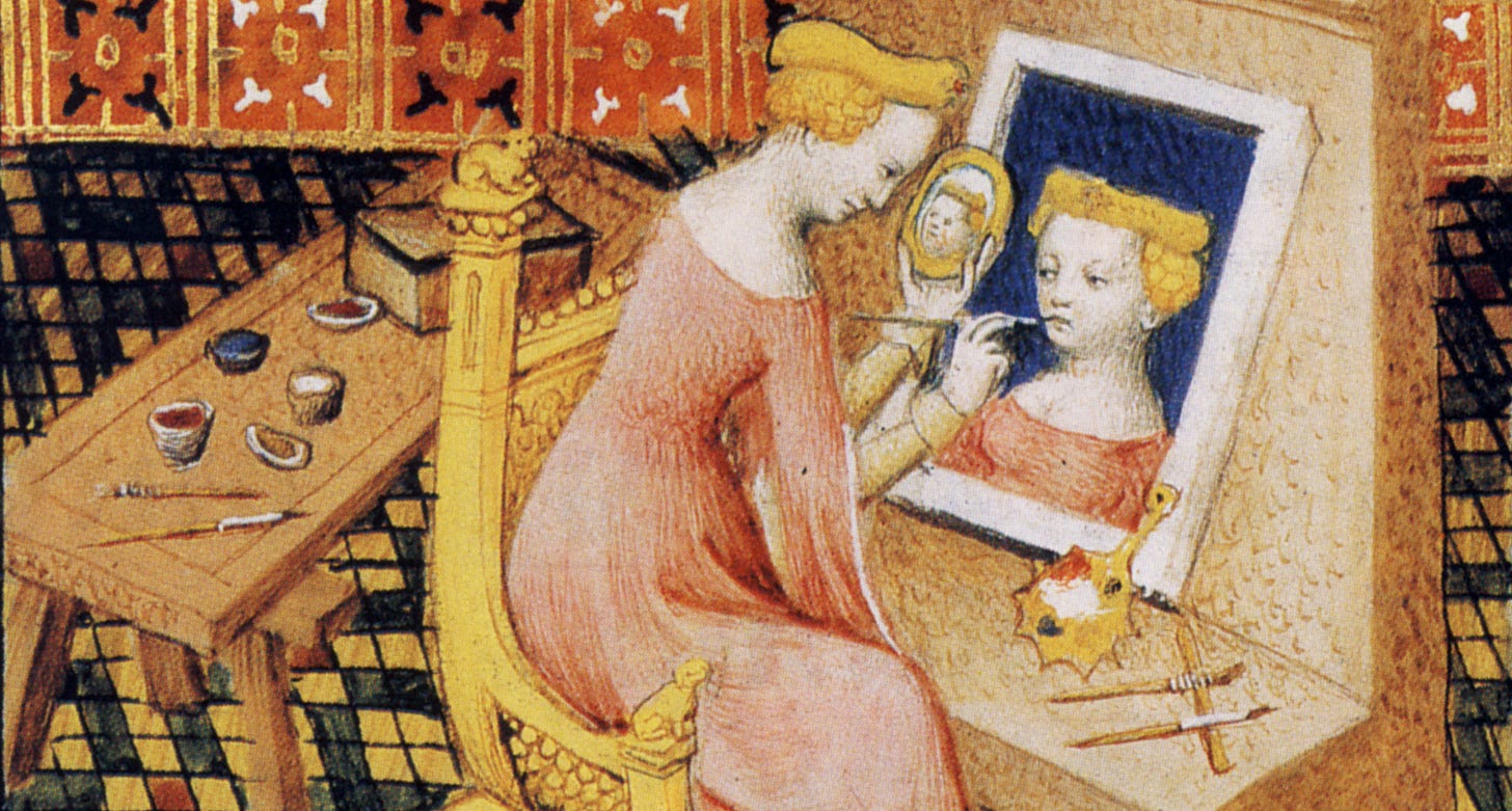 Anonymous, Marcia Painting Self-Portrait Using Mirror (detail), in Giovanni Boccaccio’s De Mulieribus Claris, c. 1403. Bibliothèque Nationale de France.