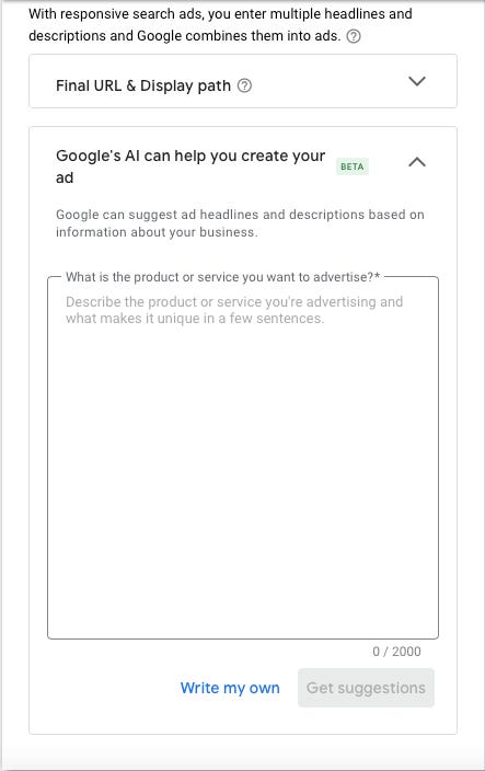 Screenshot of Google Ads generative AI ad creation feature