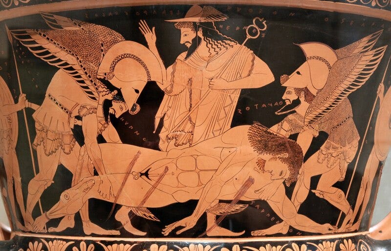  Sarpedon’s body carried by Hypnos and Thanatos (Sleep and Death), while Hermes watches. Side A of the so-called “Euphronios krater”, Attic red-figured calyx-krater signed by Euxitheos (potter) and Euphronios (painter),