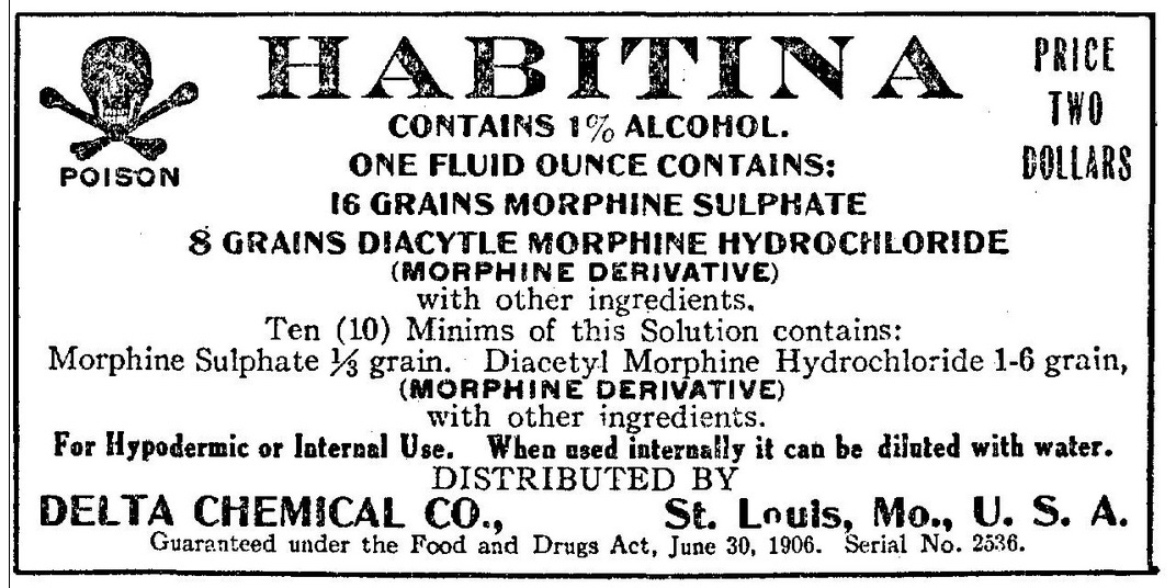 A Habitina bottle label showing that it contains morphine sulphate and diacytle morphine hydrochloride.