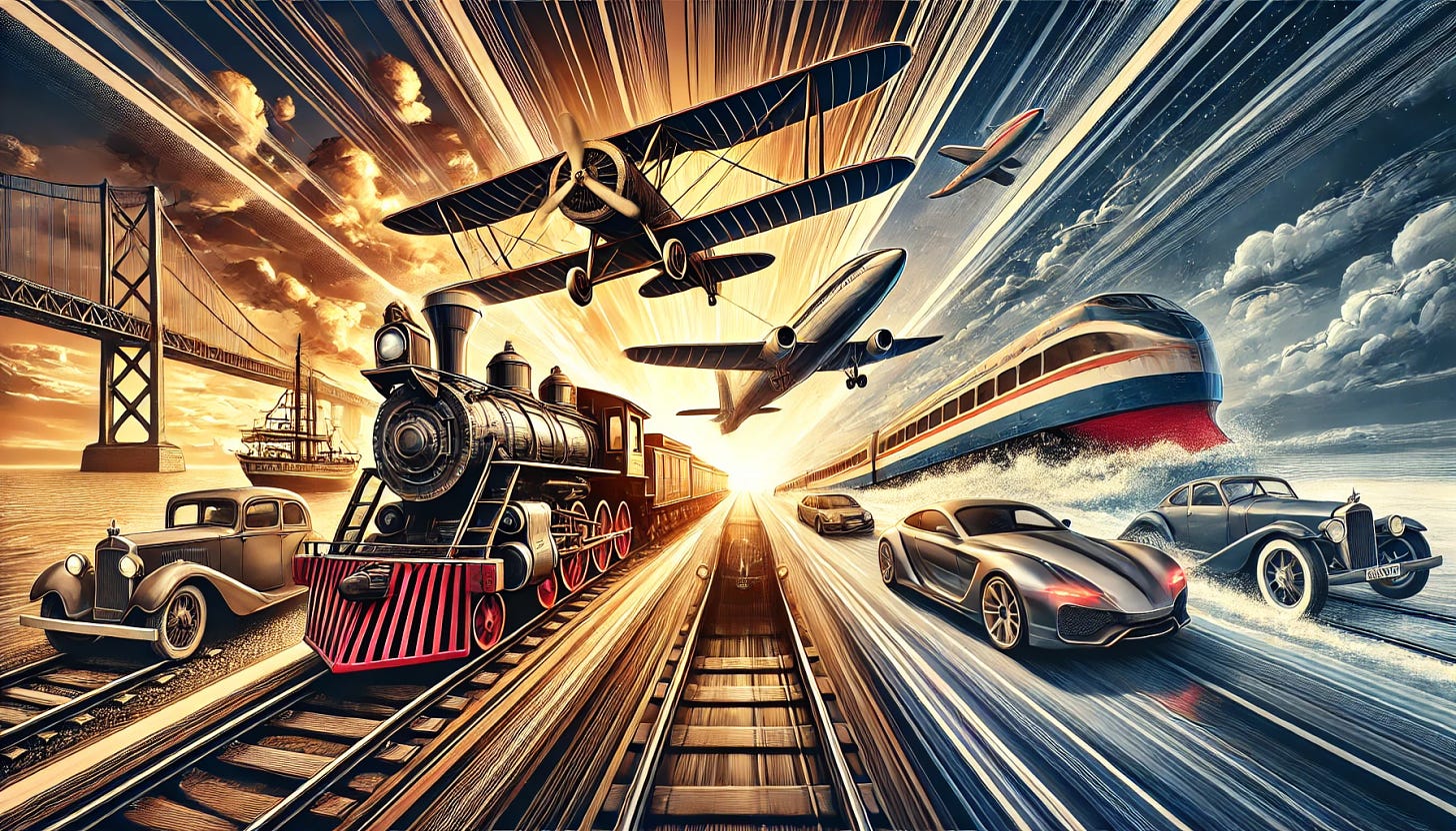 A dynamic graphic showcasing the evolution of transportation, featuring iconic images of a plane, train, ship, and automobile. The scene could display a vintage biplane soaring above, a high-speed train zipping through the center, a classic steamship on water, and a sleek car on a road, all set against a backdrop of a transitioning sky, showing the technological advancement through time. The design should highlight each mode of transportation with distinct detail, blending old and modern vehicles to represent the revolution of transportation.