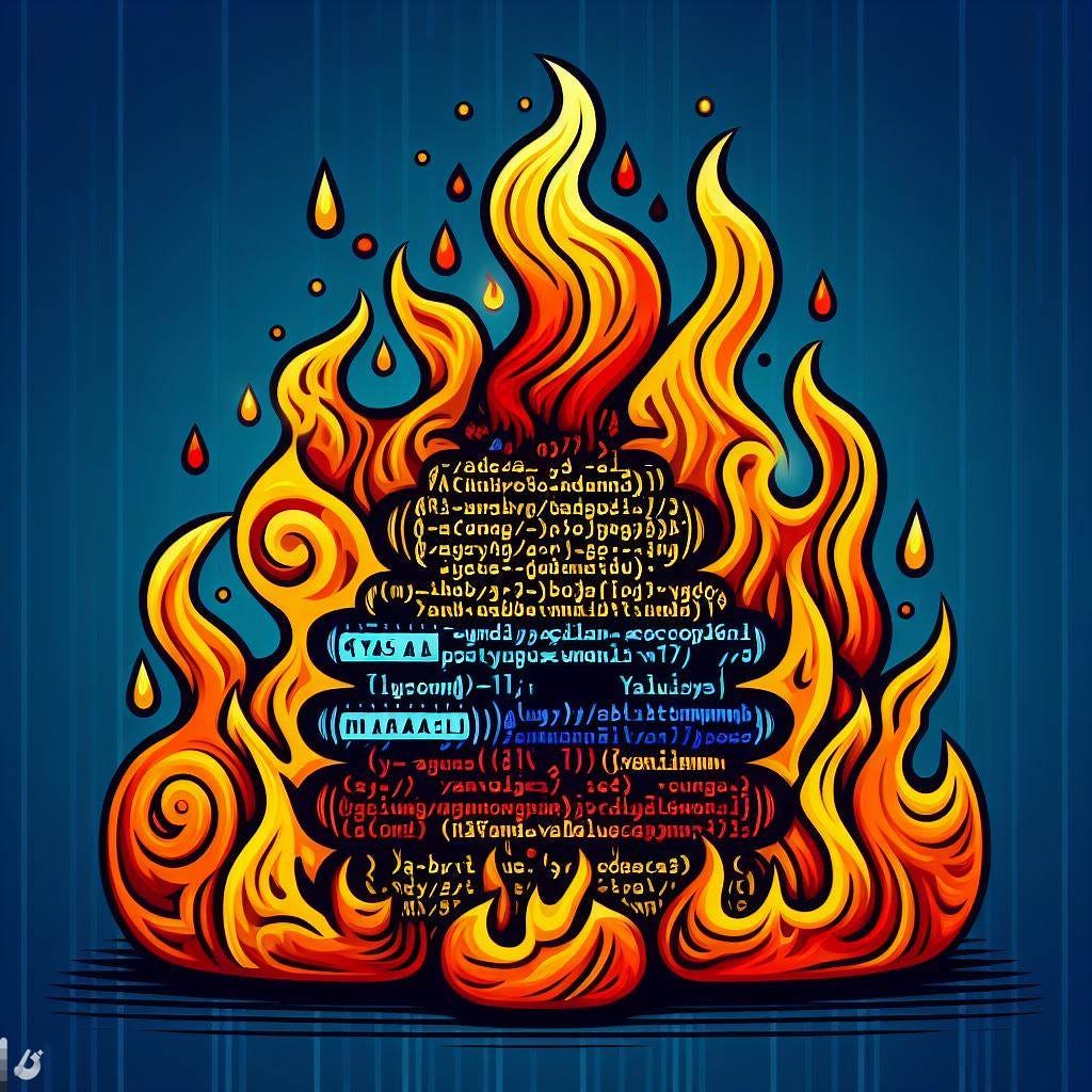 a stylized campfire burning a bunch of text that looks vaguely Klingon-ish, but could also conceivably be YAML