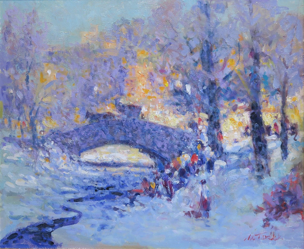 A painting of a bridge in the snow

Description automatically generated