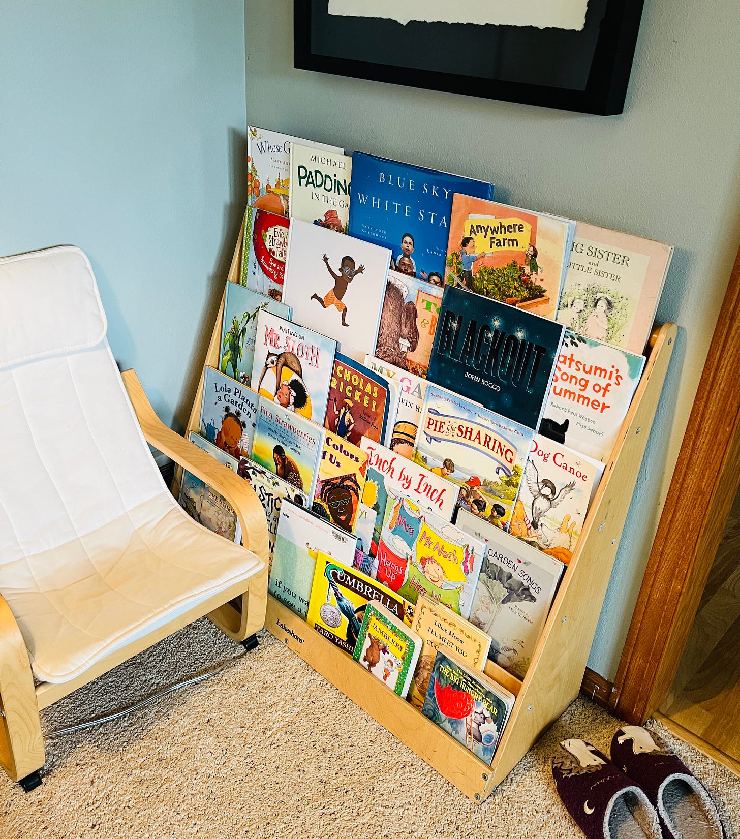 A front-facing bookshelf stuffed with colorful children's books