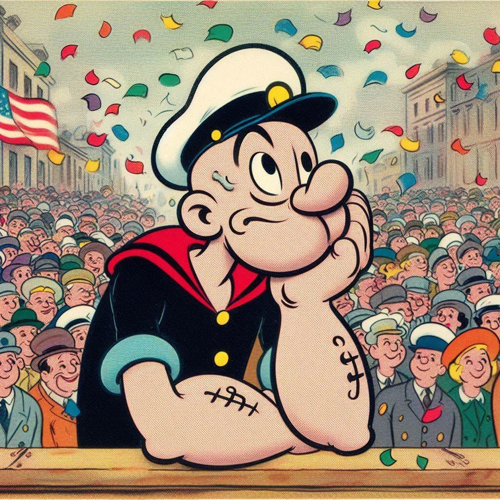popeye thoughtful in a parade, confetti, 1930s color cartoon