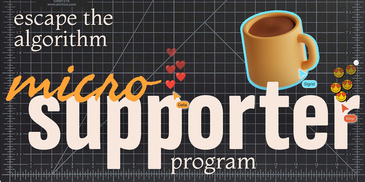 a healing mat pad on top of which it says "escape the algorithm microsupporter program." there is a coffee mug and some floating cursors including heart and heart eyes reactions.