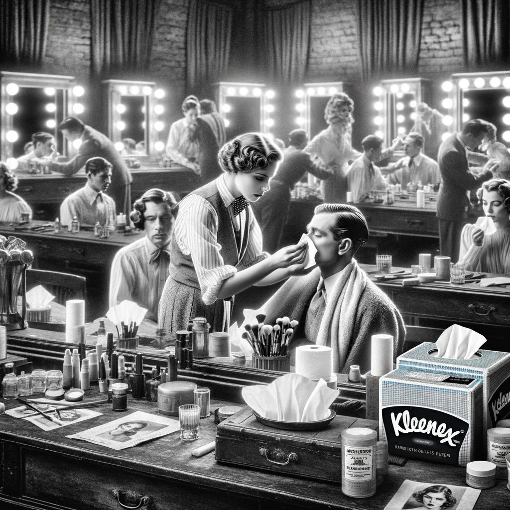 A 1930s Hollywood makeup room bustling with activity. Makeup artists are using Kleenex tissues to gently remove heavy stage makeup from actors. The setting is glamorous, featuring vintage makeup tables, large mirrors, and actors in elegant 1930s costumes, highlighting Kleenex’s role in the early film industry.