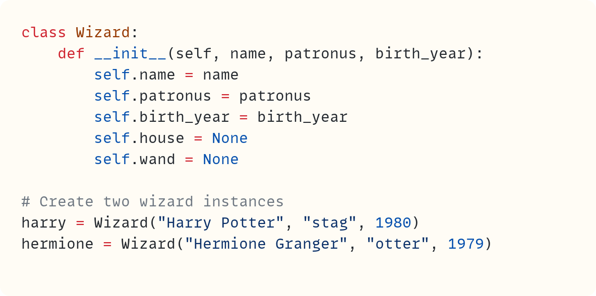 class Wizard:     def __init__(self, name, patronus, birth_year):         self.name = name         self.patronus = patronus         self.birth_year = birth_year         self.house = None         self.wand = None  # Create two wizard instances harry = Wizard("Harry Potter", "stag", 1980) hermione = Wizard("Hermione Granger", "otter", 1979)