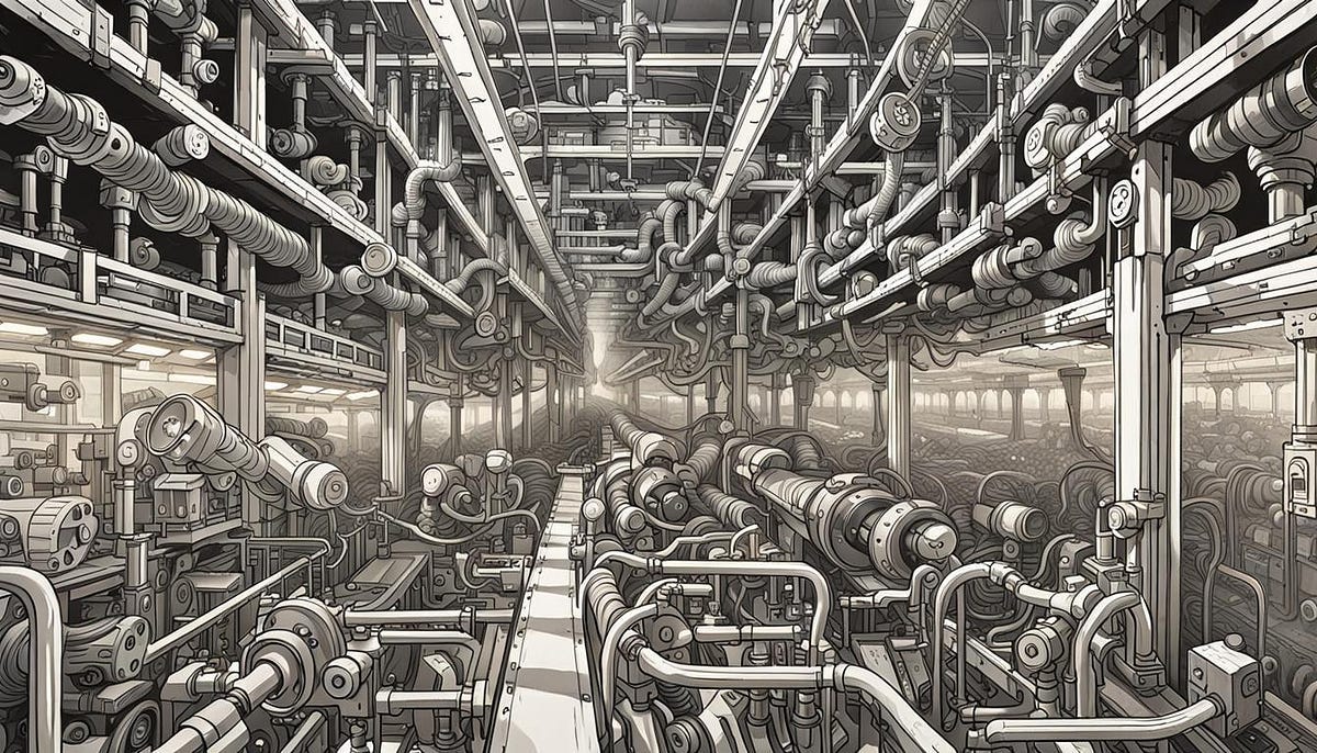 Inside of factory with pipes and tubes