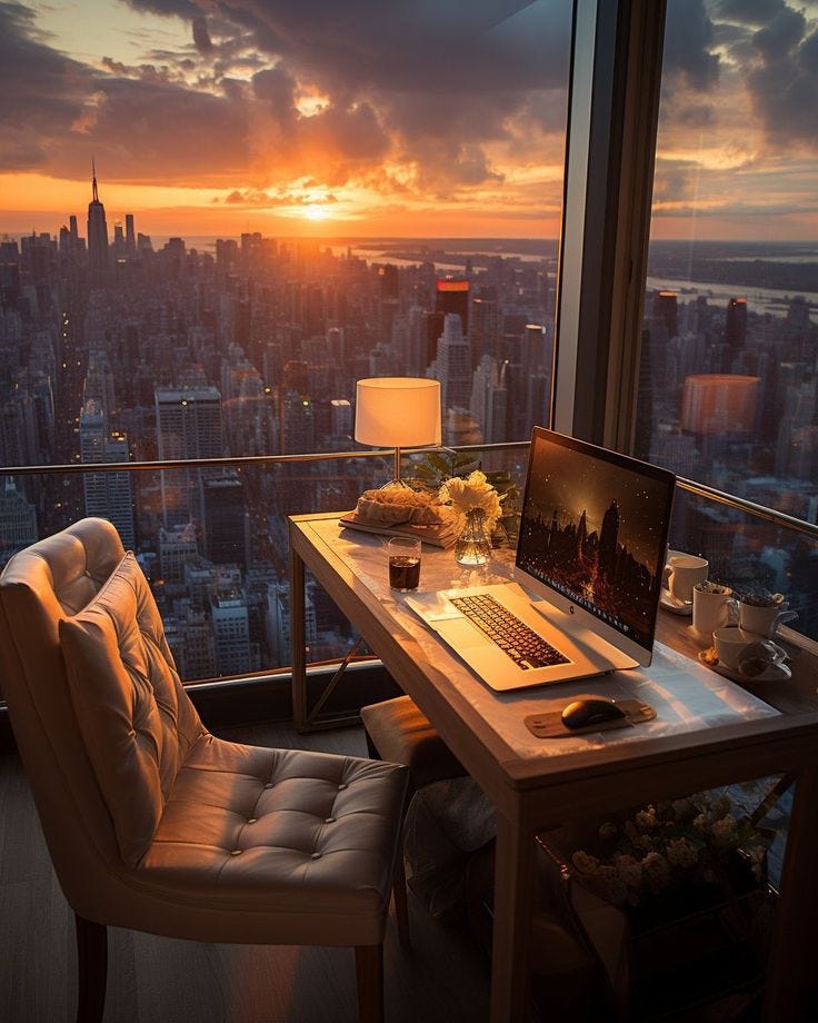 This may contain: a laptop computer sitting on top of a wooden desk next to a window overlooking a city